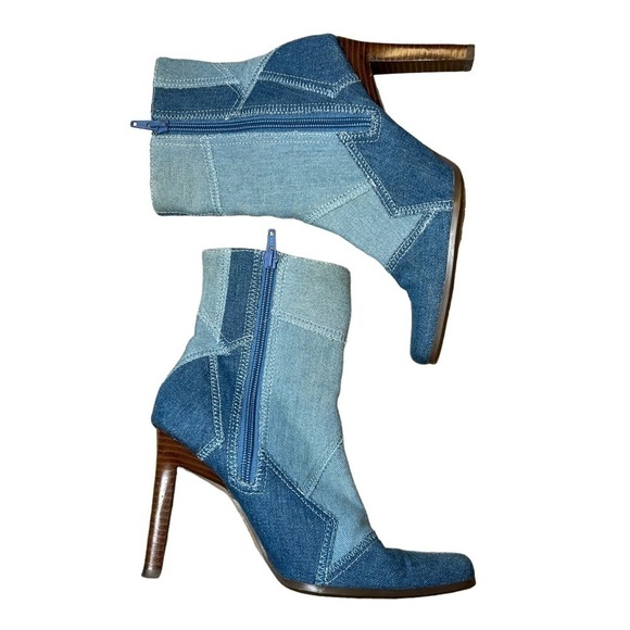 PAPRIKA TWO-TONE BLUE DENIM MID CALF SIDE ZIP HEELED BOOTS, SIZE 6 - Picture 3 of 9